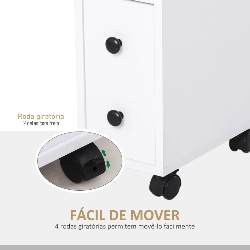 Kleankin Armário de Casa de Banho Móvel Auxiliar para Espaço Reduzido com Rodas Prateleiras Abertas Armário e Gaveta 18x30x68,5cm Branco