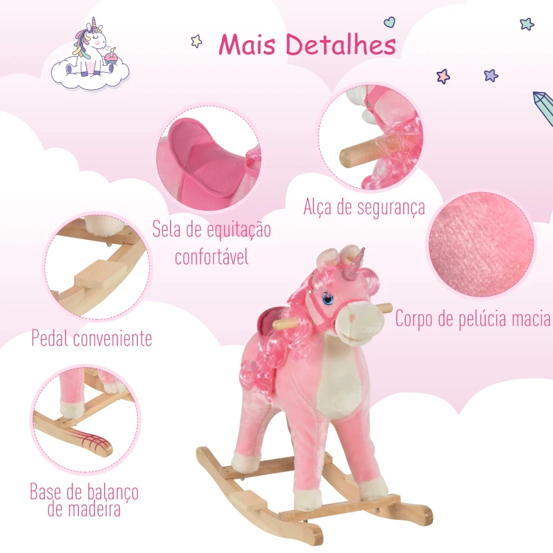 HOMCOM Cavalo Balanço de unicórnio para bebê acima de 36 meses com sons 74x33x62 cm rosa