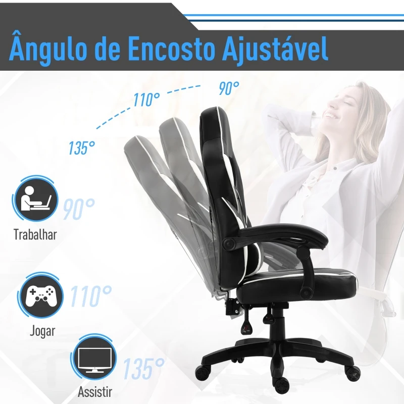 Vinsetto Cadeira gaming para escritório giratório reclinável até 135 ° com encosto alto Apoio de braço ajustável Assento acolchoado 64x69x119-129 cm Branco e Preto