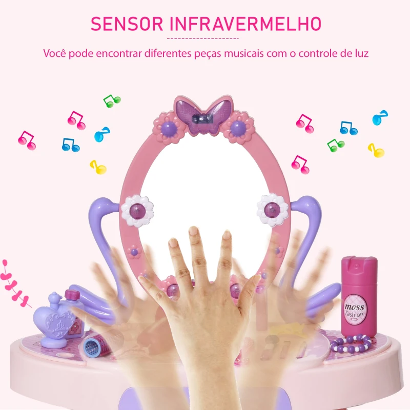 HOMCOM Penteadeira com banquinho Função de música Luzes para crianças acima de 3 anos 49,5x23,5x69,5 cm Rosa