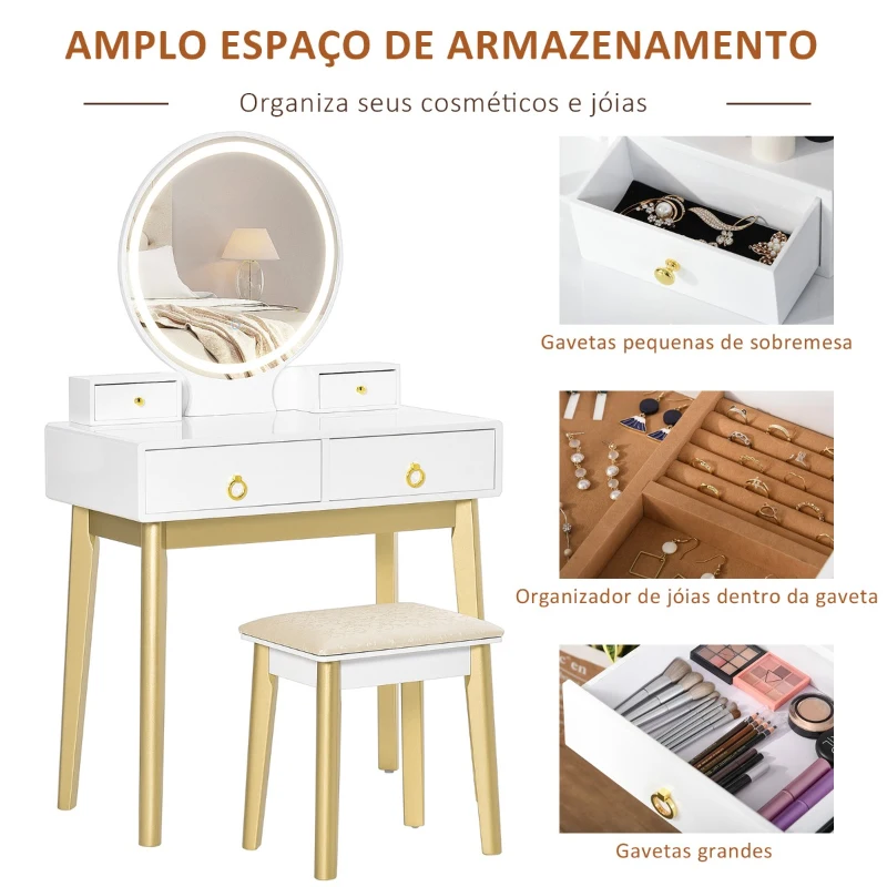HOMCOM Toucador com Espelho com Luz LED e Banco Conjunto de Mesa de Maquilhagem com 4 Gavetas de Armazenamento para Dormitório 80x40x133cm Branco