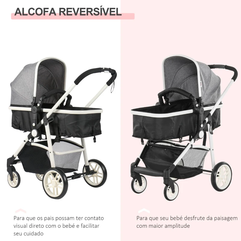 HOMCOM Carrinho de Bebé 2 em 1 Carrinho de Passeio e Alcofa para Crianças de 0 a 36 Meses com Capota Dobrável Encosto Inclinável Cesta Grande Alavanca de Freio Carga 15kg 80x51x102cm Cinza