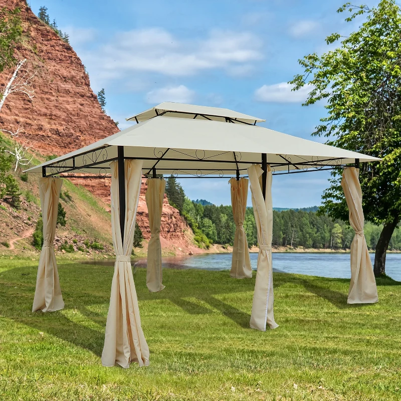 Outsunny Pérgola de Jardim com Estrutura de Aço Teto Duplo 6 Cortinas Laterais 8 Orifícios de Drenagem 300x400x280 cm Creme