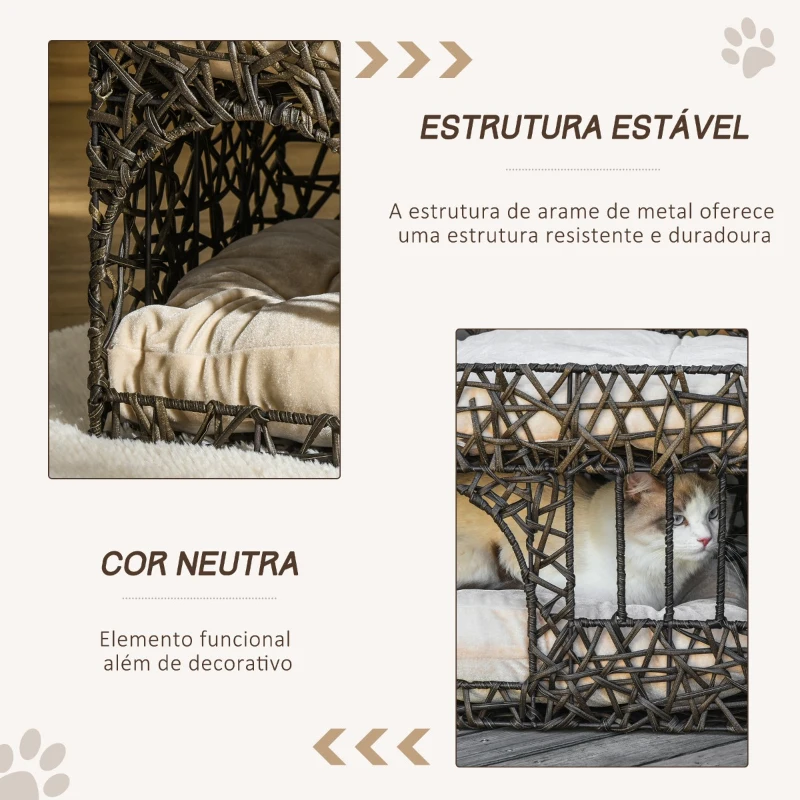 PawHut Cesta de Vime para Gatos de 2 Alturas Cama Caverna de Gatos com 2 Almofadas Suaves e Janela 56x41x45cm Café Escuro