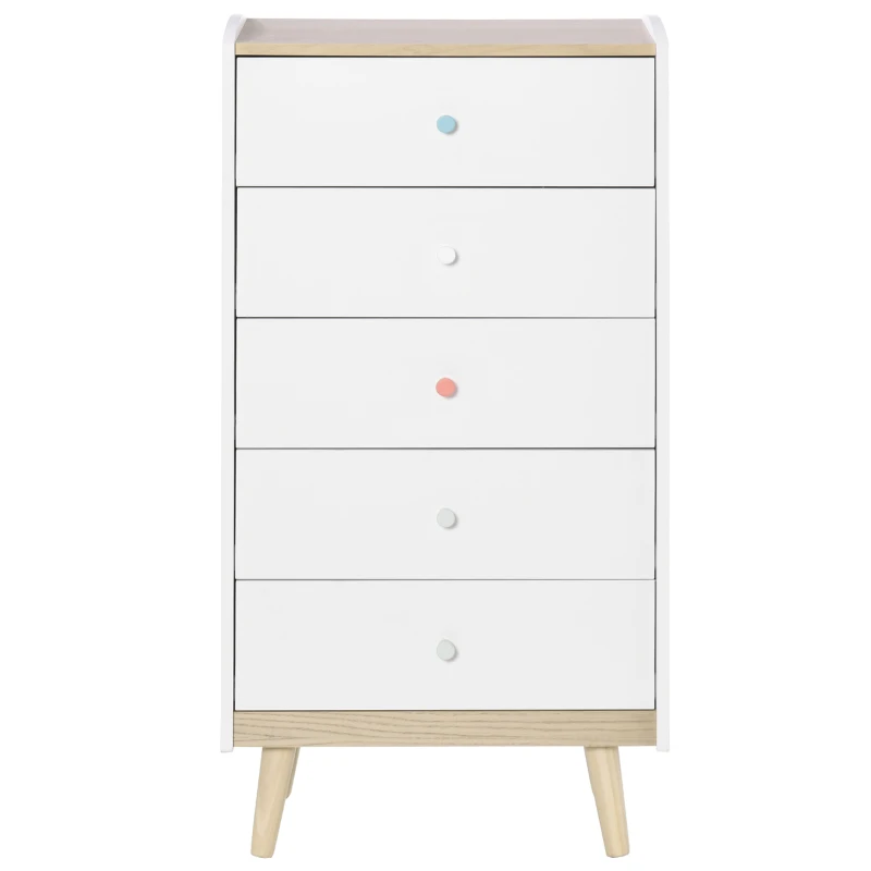 HOMCOM Cómoda Infantil de Madeira com 5 Gavetas para Crianças com Armazenamento para Brinquedos Roupa Livros 55x36x108cm Branco