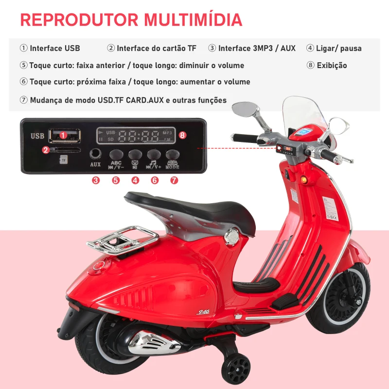 HOMCOM Mota Elétrica Vespa com Faróis Música 2 Rodas Auxiliares para Crianças acima de 3 Anos 108x49x75 cm Vermelha