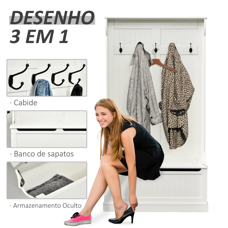 HOMCOM Móvel Cabide de Entrada com Banco Armário de Entrada com Cabide 5 Ganchos e Espaço de Armazenamento 96x34x179,7cm Marfim
