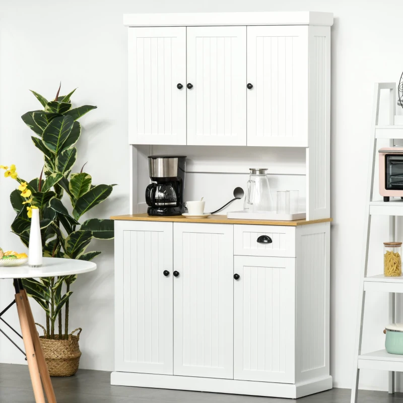 HOMCOM Armário de Cozinha Armário Organizador com 7 prateleiras e uma gaveta removível 4 portas com prateleiras ajustáveis ​​101x39x180 cm Branco
