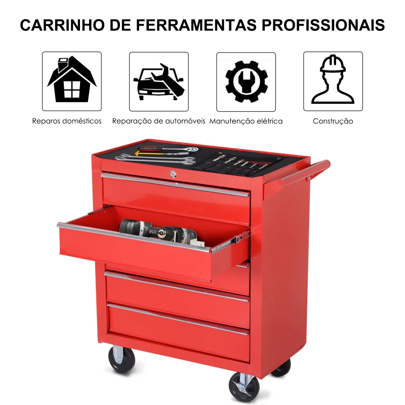 DURHAND Carrinho de Ferramentas com 5 Gavetas Rodas Trava Armário de Armazenamento para Oficina de Garagem e Chapa de Aço 69x33x75 cm Vermelho