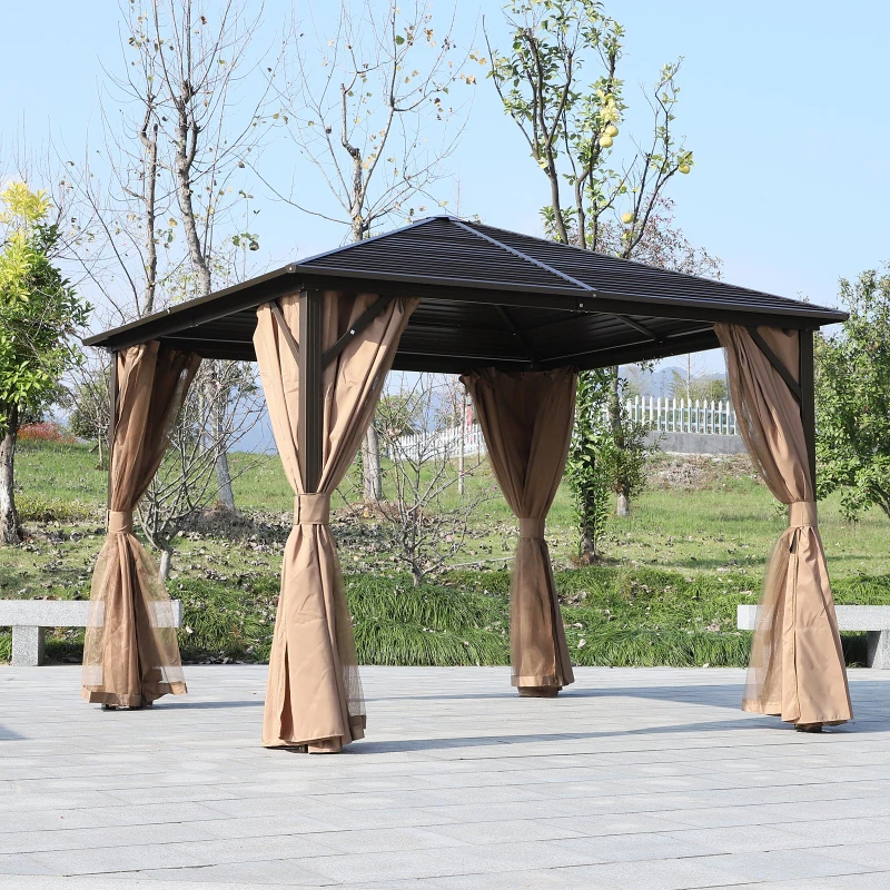 Outsunny Pérgola de Jardim 3x3 com 4 Cortinas Laterais 4 Telas Mosquiteiras e Gancho para Candeeiro Pérgola de Alumínio para Exterior Pátio Festas Marrom