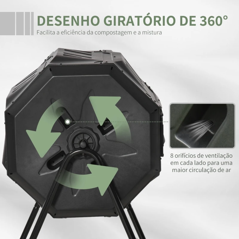 Outsunny Compostor de Tambor Giratório com Capacidade de 160L de Dupla Câmera e Ventilação Estrutura de Aço para Resíduos Orgânicos de Jardim 71x64x92cm Preto