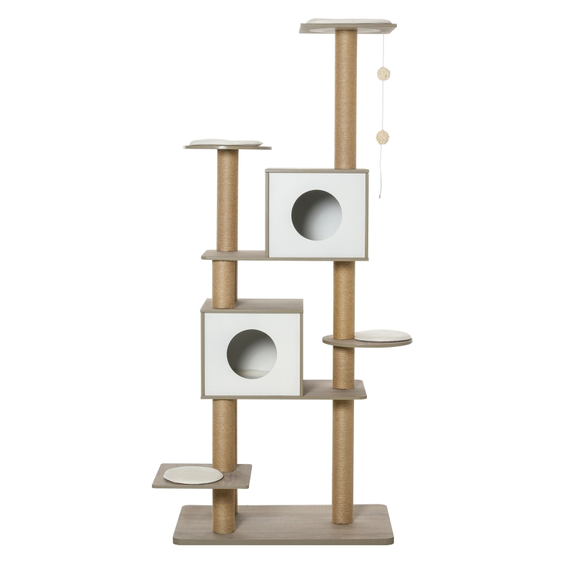 PawHut Árvore Arranhador de escalada para gatos Altura de 177 cm com Plataformas Cavernas Almofada macia brinquedo de suspensão Postes de juta Branco e cinza claro