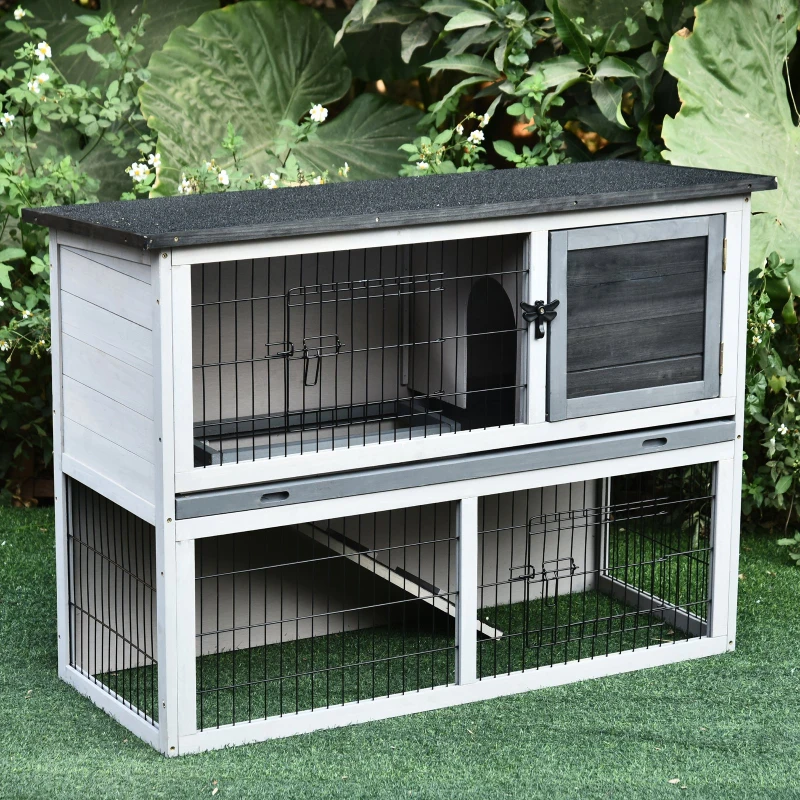 PawHut Gaiola de madeira para coelhos com rampa bandeja removível 2 andares e 2 portas 108x45x78 cm cinza