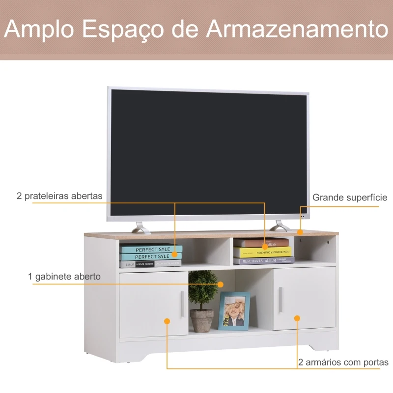 HOMCOM Móvel de TV para Sala de Estar com Espaço de Arrumação Prateleiras Abertas Orifício Passa Cabos 105x40x52 cm Branco e Madeira