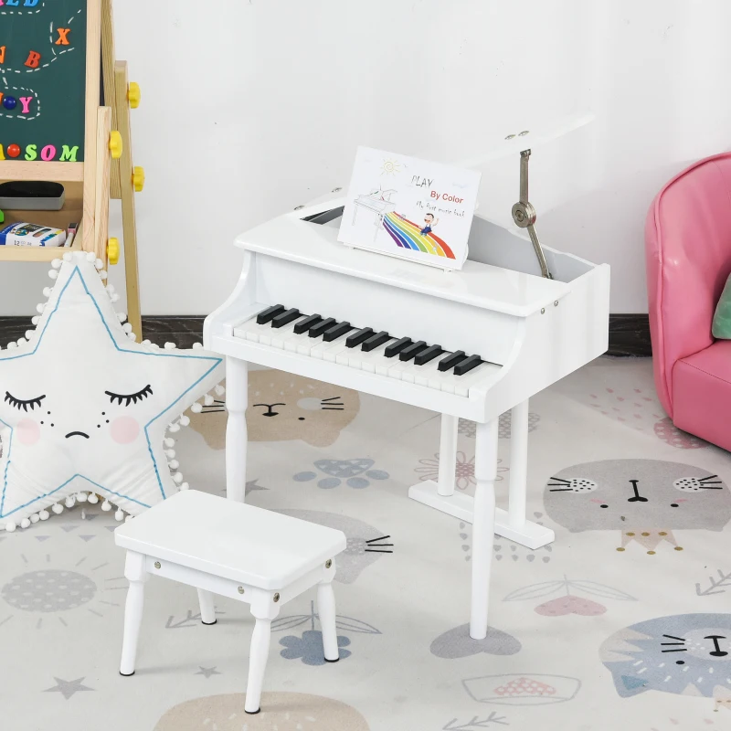 HOMCOM Piano de Cauda Infantil com 30 Teclas Banco Suporte de Partituras Piano para Crianças de MDF Instrumento Musical Educativo 52x50x49cm Branco