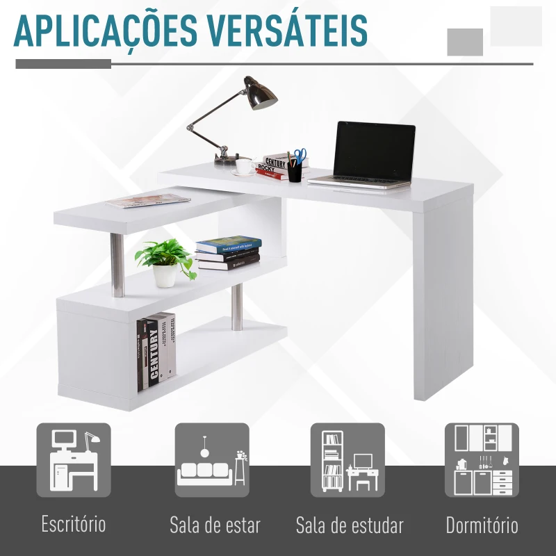HOMCOM Secretária de Canto Giratória 360º Secretária em Forma de L com Prateleiras para Escritório Casa 114x120x76,1cm Branco