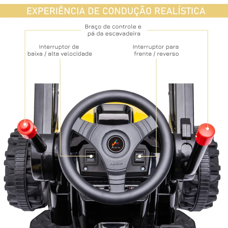 HOMCOM Trator Escavadora Elétrica para Crianças acima de 3 Anos Veículo Infantil com Pá Bateria 6V Música e Luzes 132x62x65 cm Preto e Amarelo