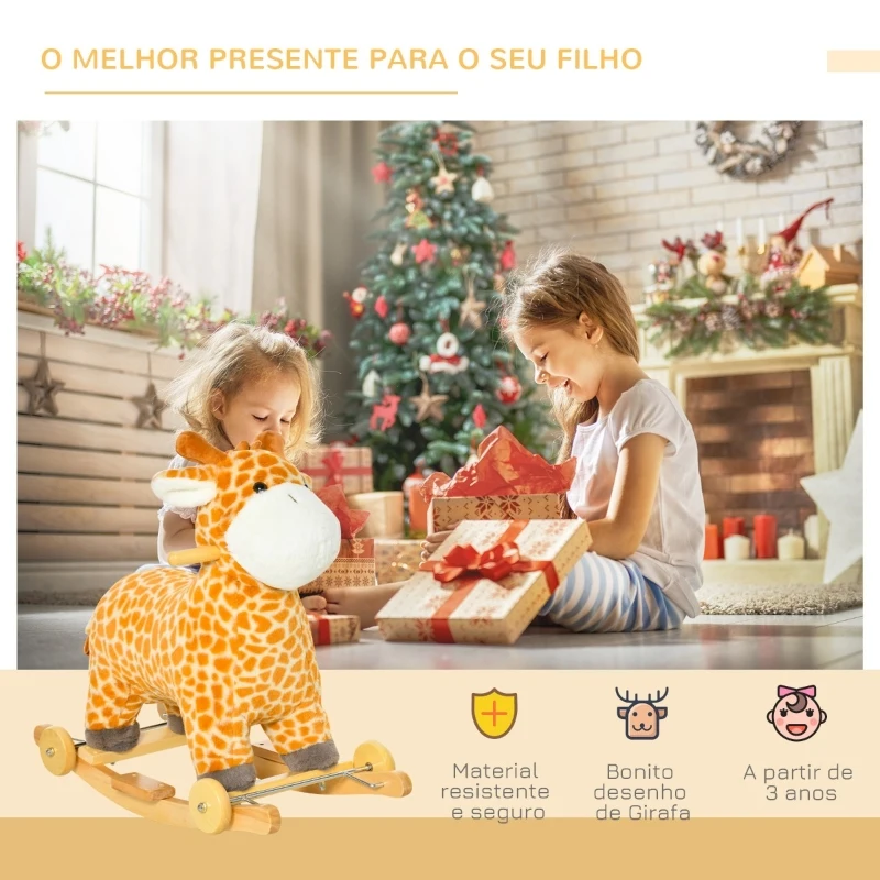 HOMCOM Baloiço Infantil em Forma de Girafa para Crianças acima de 3 Anos Baloiço 2 em 1 com Rodas e Sons 63x38x63cm Multicolor