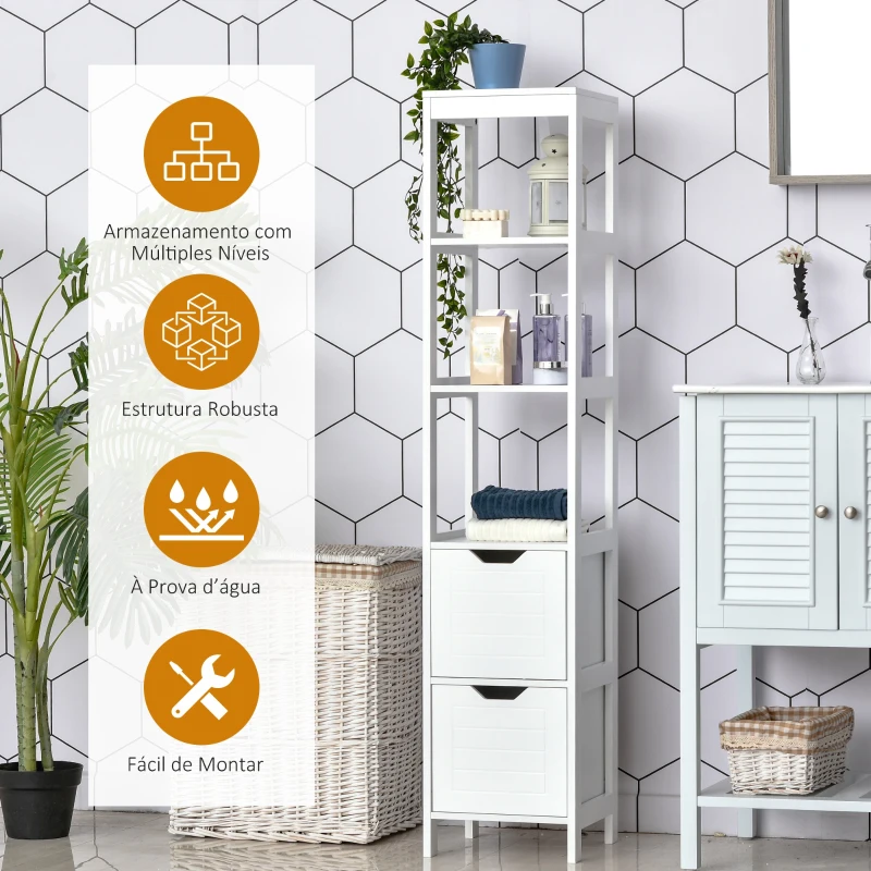 Kleankin Armário de banheiro alto Multiuso 3 prateleiras 2 gavetas 30x30x144 cm Branco
