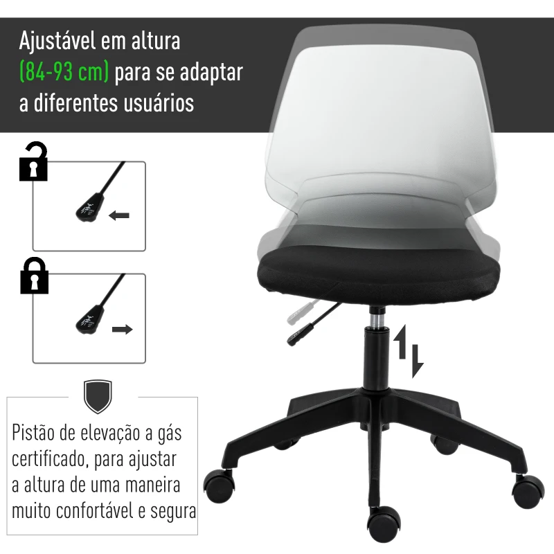 Vinsetto Cadeira de Escritório Ergonômico com Rodas de Altura Ajustável  60x50x84-93 cm  Carga 100 kg
