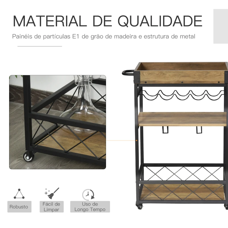 HOMCOM Carrinho de cozinha multifuncional com 3 prateleiras 77x44,5x91 cm Madeira rústica
