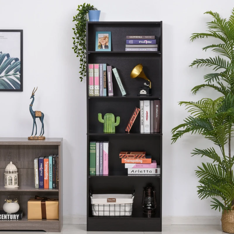 HOMCOM Estante para Livros de 5 Níveis com Prateleira Ajustável e Desenho Anti-Tombo Estante de Armazenamento 63x29,5x176 cm Preto