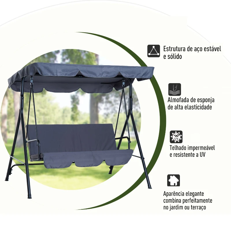 Outsunny Baloiço de Jardim de 3 Lugares Baloiço com Teto Ajustável em Ângulo para Terraço Balcão Carga Máxima 200kg Aço 172x110x153cm Cinza