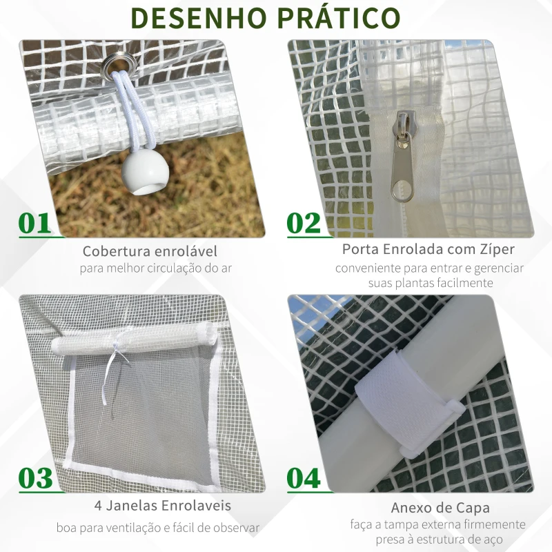 Outsunny Estufa de jardim Túnel com 4 janelas e porta de enrolar Cobertura de PE e estrutura de aço 240x180x200cm branco