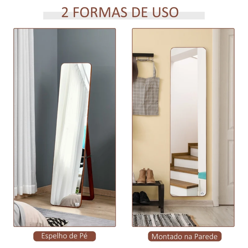 HOMCOM Espelho de pé de Corpo Inteiro Retangular Espelho de Parede com 2 Formas de Uso Estrutura de Madeira de Pinho para Dormitórios Sala de Estar Corredor 37x43x156cm Nogueira