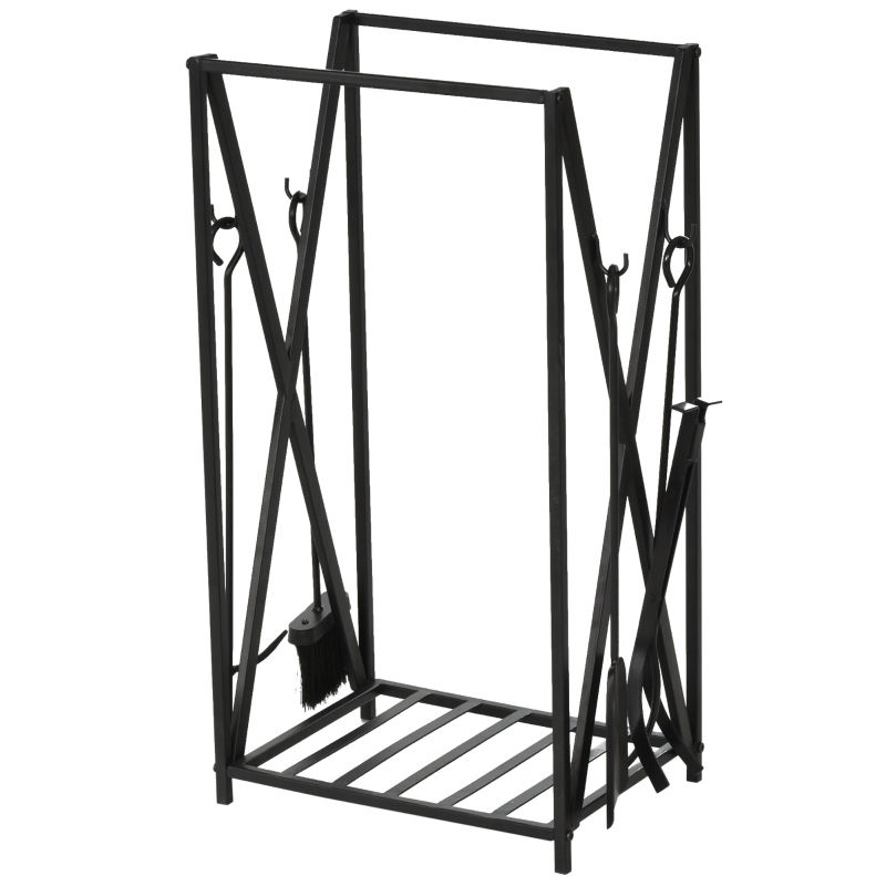 HOMCOM Suporte para Lenhas 46x30x76cm com 4 Ferramentas Incluídas Estrutura de Aço Carga Máxima 100kg para Exterior e Interior Preto