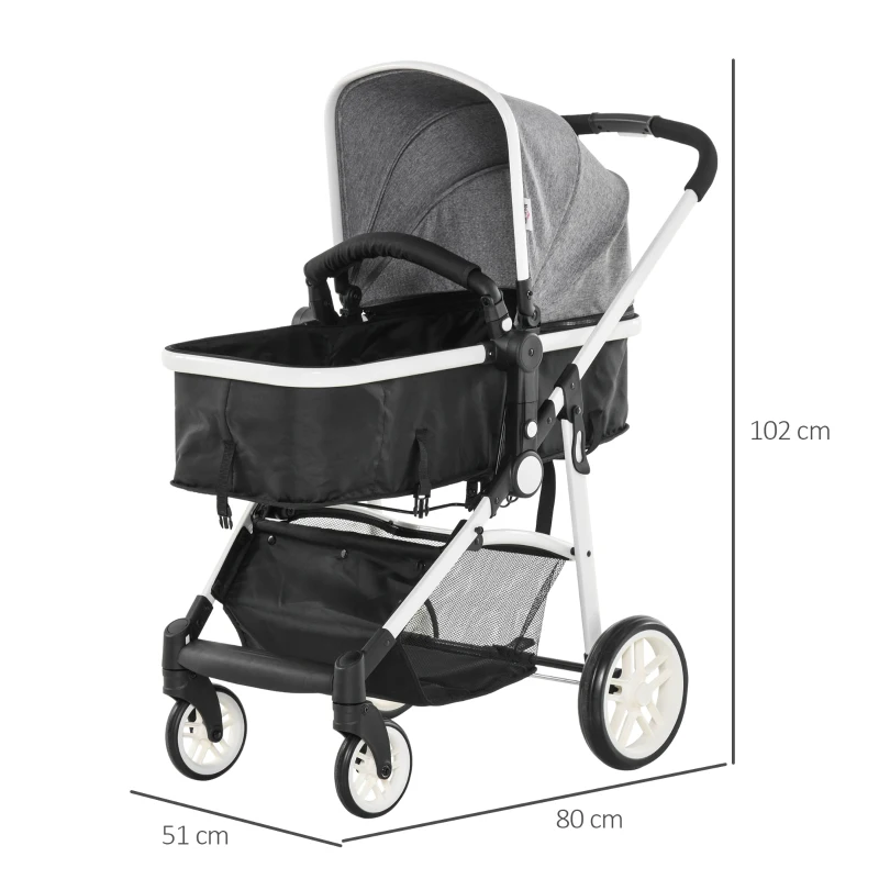 HOMCOM Carrinho de Bebé 2 em 1 Carrinho de Passeio e Alcofa para Crianças de 0 a 36 Meses com Capota Dobrável Encosto Inclinável Cesta Grande Alavanca de Freio Carga 15kg 80x51x102cm Cinza