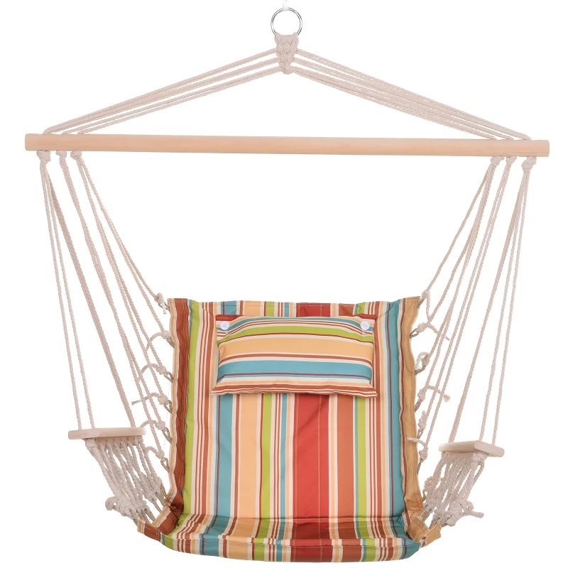 Outsunny Cadeira Rede Suspensa com Estampa em Listras Almofada de Apoio para a Cabeça Cadeira Rede Baloiço para Interior e Exterior Carga Máxima 105kg 100x106cm Multicor