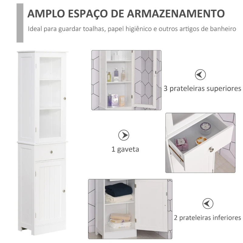 Kleankin Armário Alto para Casa de Banho Móvel Auxiliar de Banheiro de Estilo Moderno com 2 Portas Prateleiras Ajustáveis e 1 Gaveta 40x27x171,5cm Branco