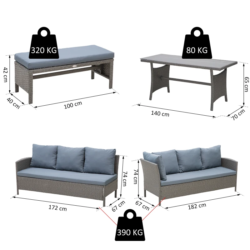 Outsunny Conjunto de 4 Peças de Móveis e Vime com Almofadas Acolchoadas com 2 Sofás 1 Banco e 1 Mesa de Vidro Temperado Cinza