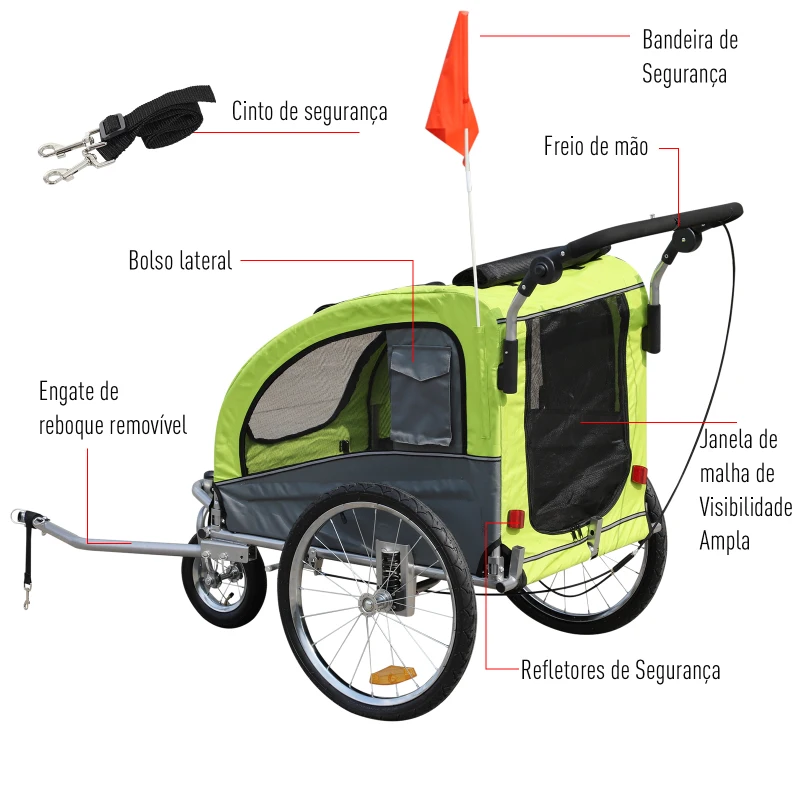 PawHut Reboque Bicicleta 2 em 1 com Guiador Amortecimento Roda Giratória 360° Refletores 155x83x108 cm Verde e Cinza
