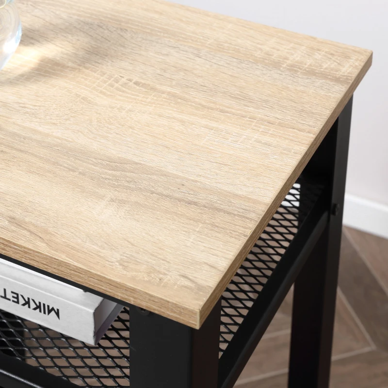 HOMCOM Mesa de Apoio Estilo Industrial com 2 Prateleiras de Grade de Metal e Pés Ajustáveis 45x35x75cm Carvalho e Branco