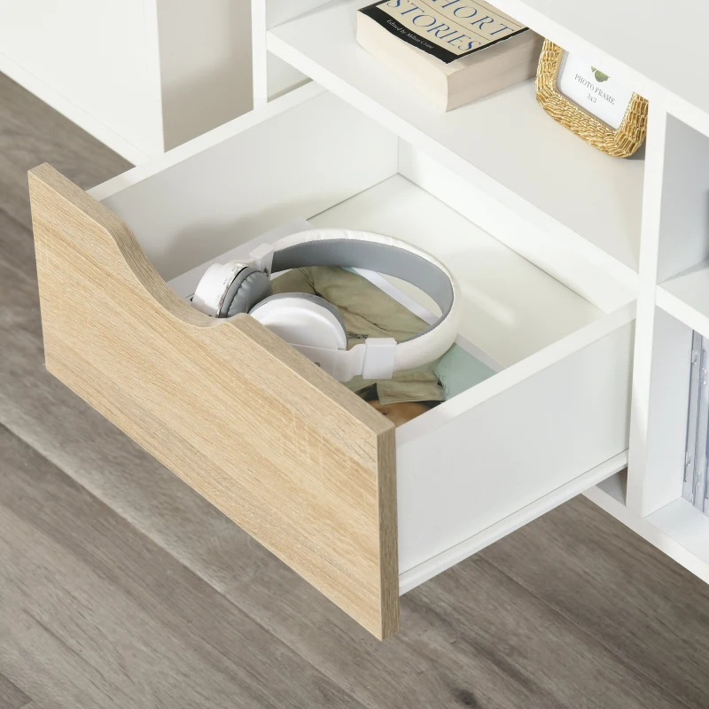 HOMCOM Móvel de TV com 2 Gavetas e 4 Compartimentos Pés de Madeira Dispositivo Anti Rolamento para Sala de Estar 117x39x57cm Branco e Madeira Natural