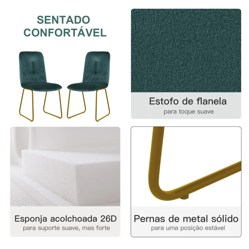 HOMCOM Conjunto de 2 Cadeiras de sala de jantar com pernas de metal em estilo art deco 44,5x59,5x91cm Verde