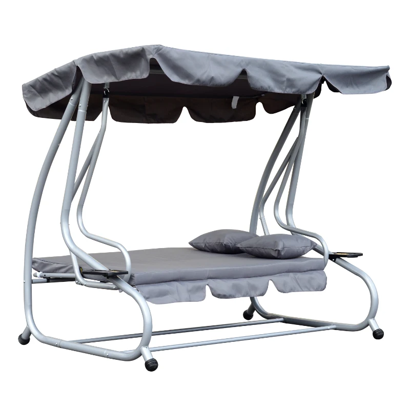 Outsunny Banco Baloiço Jardim 3 Lugares Convertível em Cama com Teto Ajustável e Bandeja para Bebidas 200x120x164 cm Cinza