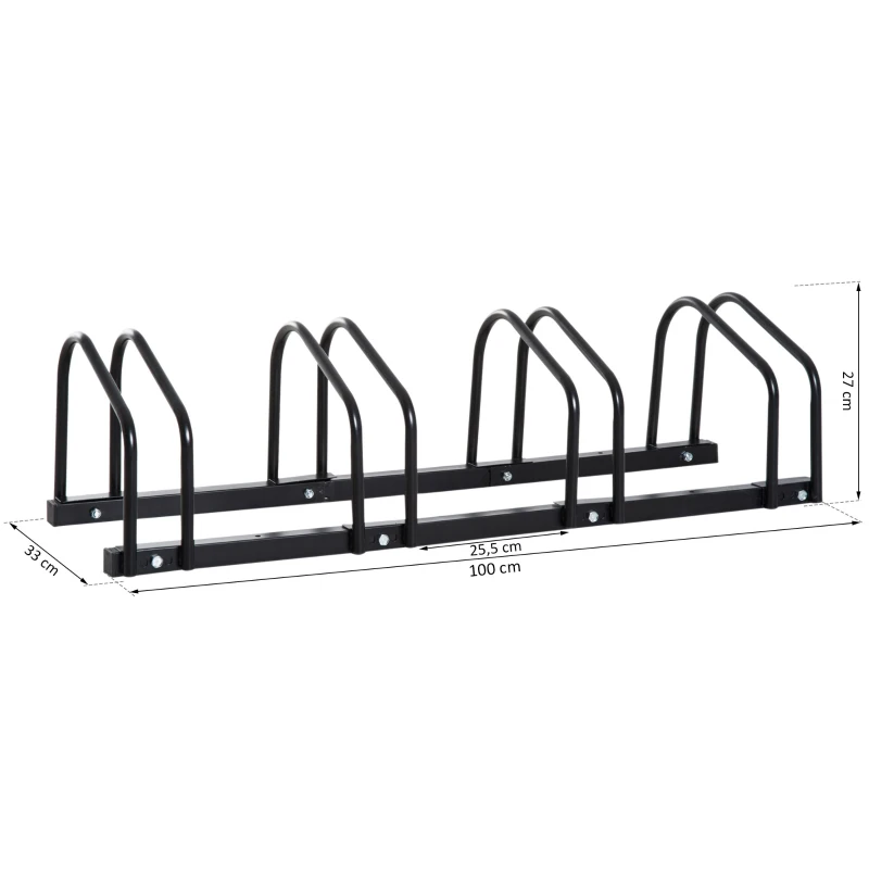 HOMCOM Estacionamento para 4 Bicicletas Suporte de Aço para Estacionar Bicicletas no chão para Interior e Exterior 100x33x27cm Preto