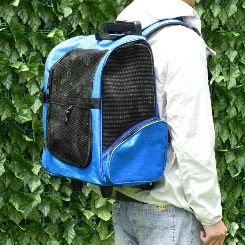 PawHut Transportadora para Animais de Estimação 2 em 1 Mochila de Viagem com 2 Rodas para Cães Gatos com Alça Retrátil de Alumínio e Bolso de Armazenamento 42x25x55cm Azul
