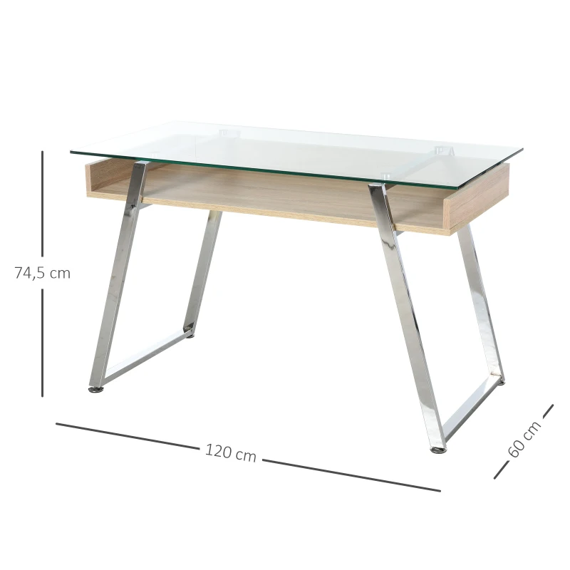 HOMCOM Mesa de Computador com Prateleira de Teclado Vidro Temperado 120x60x74,5 cm Carvalho