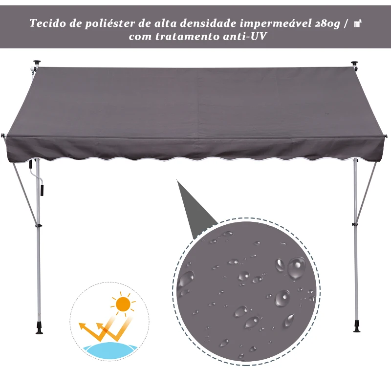 Outsunny Toldo Manual Retrátil 200x150 cm com Manivela de Alumínio Ângulo Ajustável Proteção Solar para Varanda Jardim Pátio Cinza
