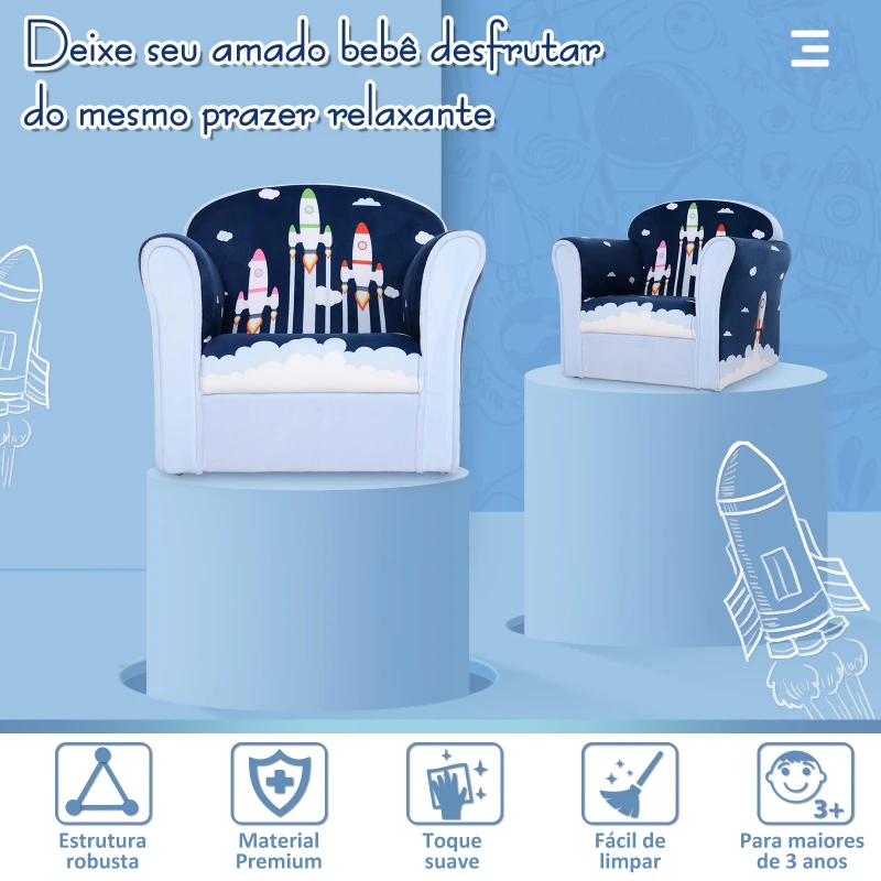 HOMCOM Poltrona para Crianças acima de 3 Anos com Desenhos de Foguete Estrutura de Madeira e Estofado em Flanela 50x39x44 cm Azul