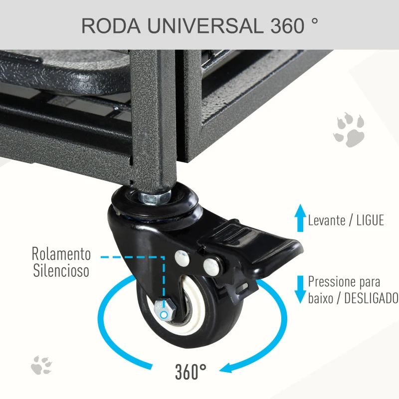 PawHut Gaiola dobrável de metal com rodas e freios Bandeja  removível e porta com travas125x76x81 cm Cinza escuro