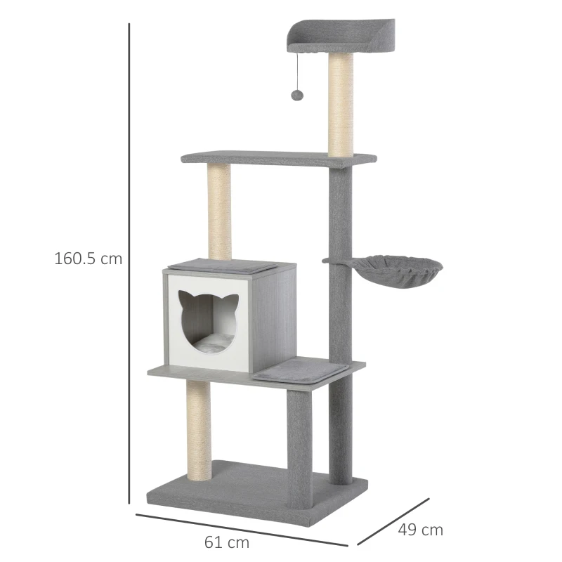 PawHut Árvore Arranhador para Gatos Grande 61x49x160,5cm Torre de Escalada de Múltiplos Níveis com Caverna Espaçosa Rede Postes e Brinquedo Suspenso Estofamento Suave Cinza