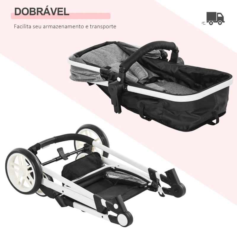 HOMCOM Carrinho de Bebé 2 em 1 Carrinho de Passeio e Alcofa para Crianças de 0 a 36 Meses com Capota Dobrável Encosto Inclinável Cesta Grande Alavanca de Freio Carga 15kg 80x51x102cm Cinza