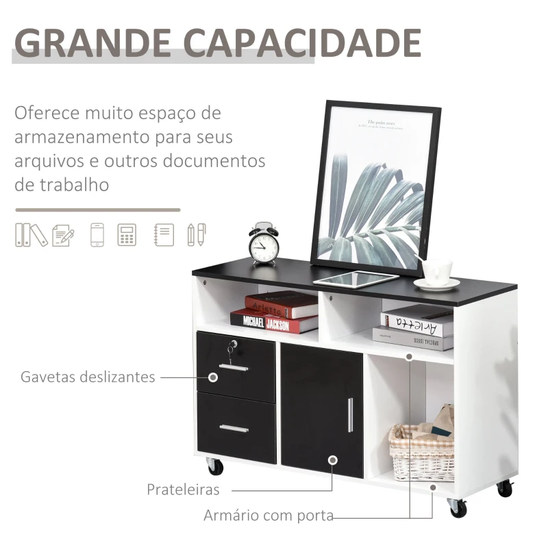 HOMCOM Móvel Auxiliar de Escritório Móvel Arquivador com Rodas Prateleiras Gaveta e Armário Multiuso com Grande Armazenamento 100x35x65cm Preto e Branco