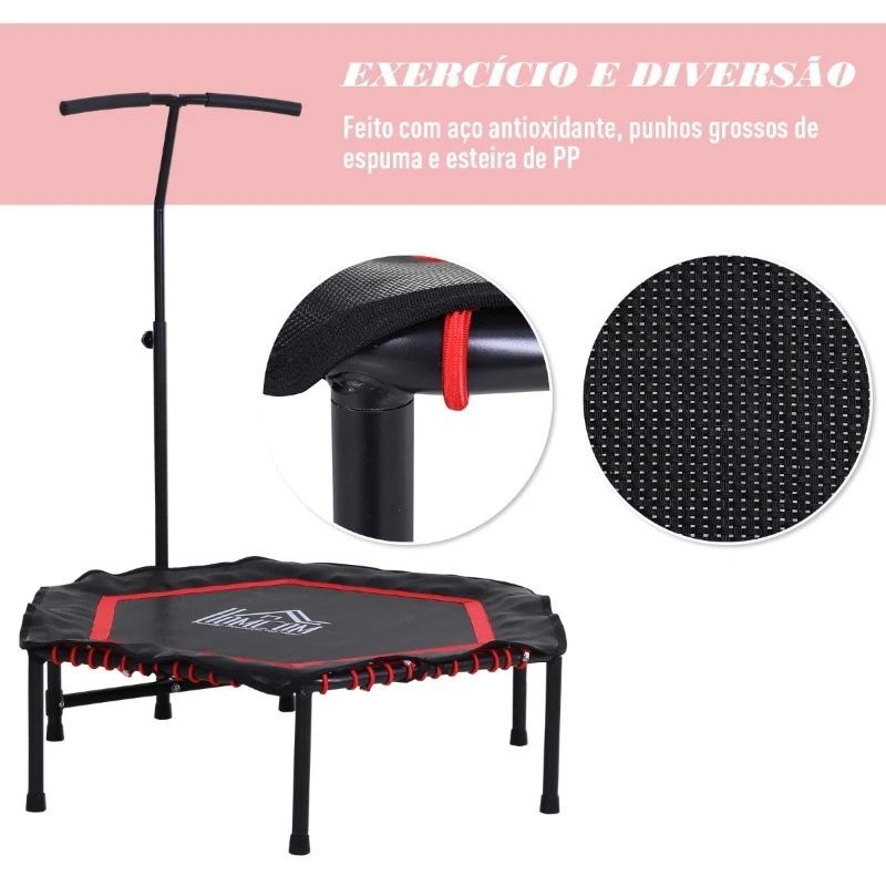 HOMCOM Trampolim Profissional Fitness Hexagonal Power Jump 122-130 -138 cm Guiador ajustável de 3 níveis Vermelho