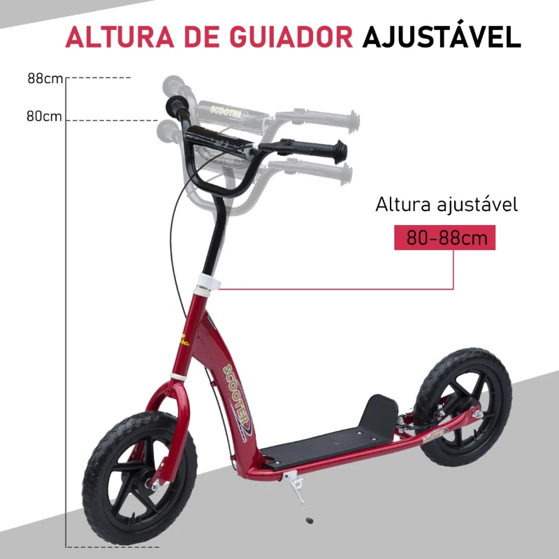 HOMCOM Trotinete para Crianças acima de 5 anos Scooter de 2 Rodas Grandes de 12 Polegadas com Freio e Guidão Ajustável em Altura Carga Máx. 100kg 120x52x80-88cm Vermelho